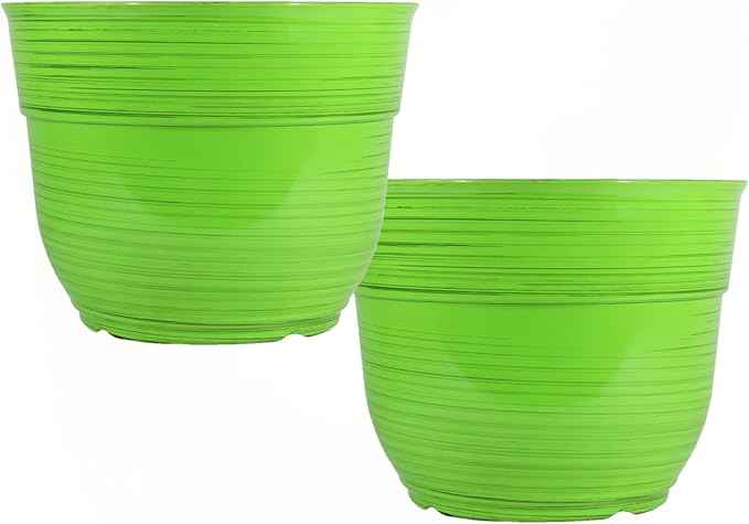 Garden Elements Indoor/Outdoor Glazed Brushed Happy Plastic Planter, Large, Bright Green, 15" (Pack of 2)