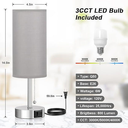 Silver Bedside Lamps for Bedroom Set of 2 - Nightstand Table Lamp with USB A + C Charging Port, 3 Color Temperatures Pull Chain Night Stand Light, Side Table Desk Reading Lamp for Living Room/Dorm