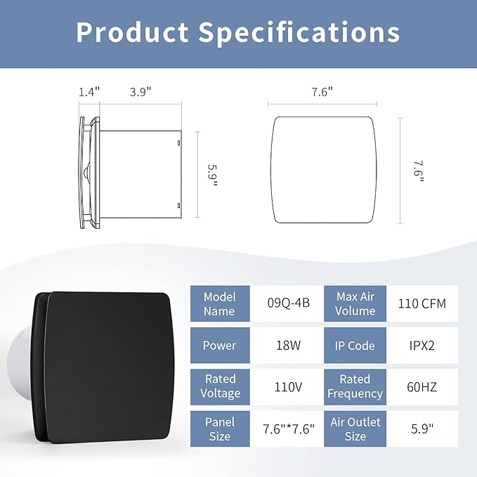 Zeyzer Black Bathroom Fan 110 CFM 1.0 Sone 5.9" Duct Square Ceiling or Wall