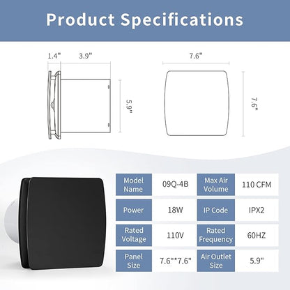 Zeyzer Black Bathroom Fan 110 CFM 1.0 Sone 5.9" Duct Square Ceiling or Wall