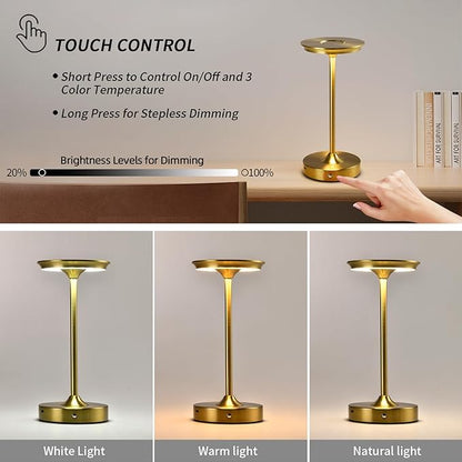 2 Pack Rechargeable Table Lamp, LED Cordless Table Lamp, 5000mAh Battery Operated Portable Table Light,Dimming for Restaurant/Patio/Outdoor(Gold)