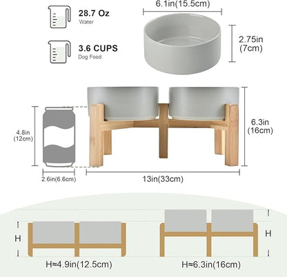 SPUNKYJUNKY Elevated Dog Bowls Ceramic, 6.1'' Dogs and Cat Food Water Bowls Raised with Non-Slip Bamboo Stand for Medium Sized Breed Microwave Dishwasher Safe - 28.7 OZ,Grey