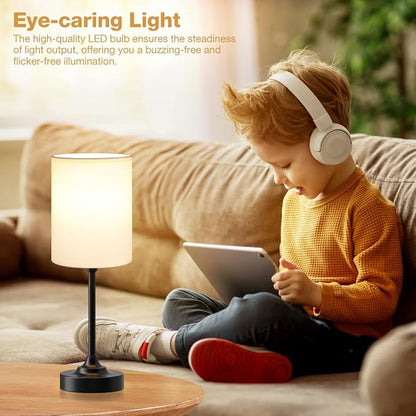 Fenmzee Touch Nightstand Bedroom Lamp - 3 Way Dimmable Bedside Lamp, Small Table Lamp Linen Lampshade for Office Desk, LED Bulb Included