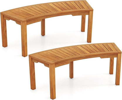Tangkula Outdoor Curved Bench, Acacia Wood Fire Pit Bench w/Slatted Seat, Patio Backless 2-Person Seating for Porch, Yard, Garden, 800 LBS Max Load, Oil Painted (2, 45")