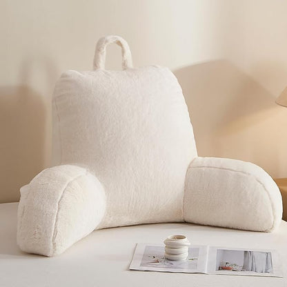 Reading Pillow with Arms for Sitting in Bed, Backrest Support Cushion Soft Back Pillow for Couch, Sofa & Floor, Dorm Essentials, Washable Cover, Faux Fur Wedge Cushion for Adults,Children,Student