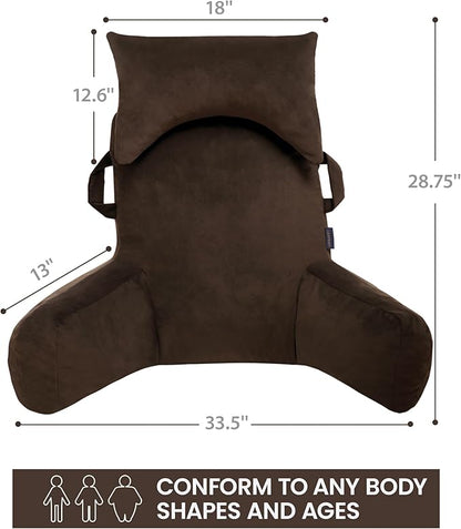 Unisakey Portable Reading Pillows with Headrest for Bed Sitting Up(Brown Oeko-Tex), Velvet Back Pillow with Arms & Pockets for Adults, Support Memory Foam Bed Pillow for Dorm/Reading/Watching/Gaming