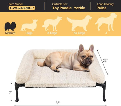 Veehoo Orthopedic Elevated Dog Bed Add Removable Deluxe Rose Plush Bolster Cushion Mat, 35" x 22" Washable Dog Couch Bed, Raised Pet Cot with Breathable Teslin Mesh, No-Slip Feet, White, CWC2439B