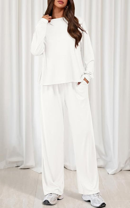 PRETTYGARDEN Womens 2 Pieces Lounge Sets Crewneck Long Sleeve Wide Leg Drawstring Pants Tracksuits Loose Fit Outfits Set