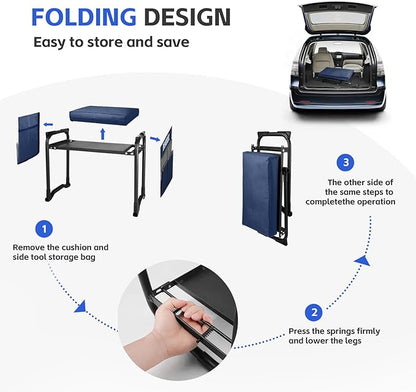 Dekool Garden Kneeler and Seat with Upgraded Wide & 3" Thick Kneeling Pad, Heavy Duty Garden Stool with 2 Large Tool Bags, Portable Bench for Weeding, Gardening Gifts for Women, Men, Seniors, Blue