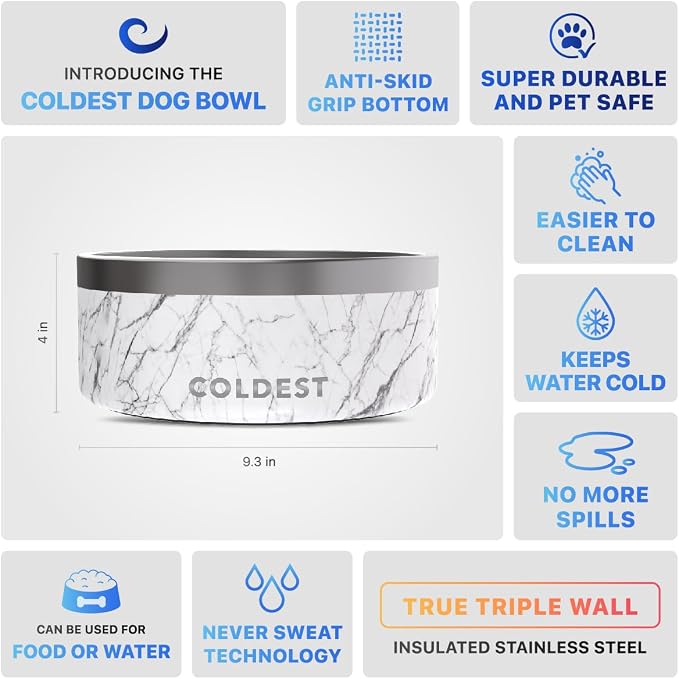 Coldest Dog Bowl - Anti Rust Metal, Non Slip, 3 Layers Insulated Stainless Steel Dog Bowls - Spill Proof & Heavy Duty - Water Bowl for Dogs, Cats & Pets, Dish Washer Safe (100 oz, Carrara Marble)