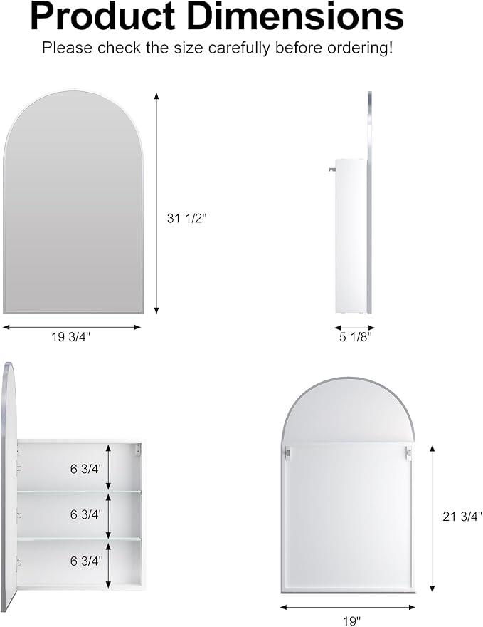 Arched Medicine Cabinet with Mirror, Brushed Nickel Mirror Cabinet with Storage