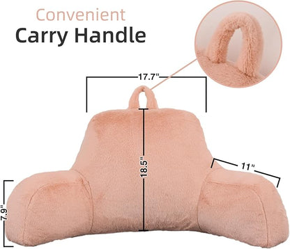 A Nice Night Faux Fur Soft Reading Pillow Bed Wedge Adult Backrest with Arms Back Support for Sitting Up in Bed/Couch for Bedrest,Pink,Large