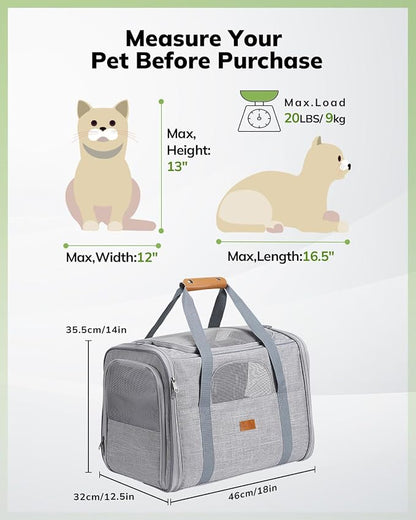 Morpilot Pet Travel Carrier Bag, Soft-Sided Dog Carrier Cat Carrier Pet Carrier, for Large Cats and Medium Puppies up to 25lbs, w/Locking Safety Zippers, Foldable Bowl (Light Gray)