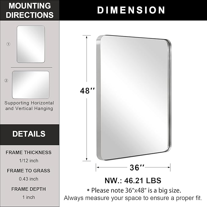 ANDY STAR 36”x48”Brushed Nickel Mirror
