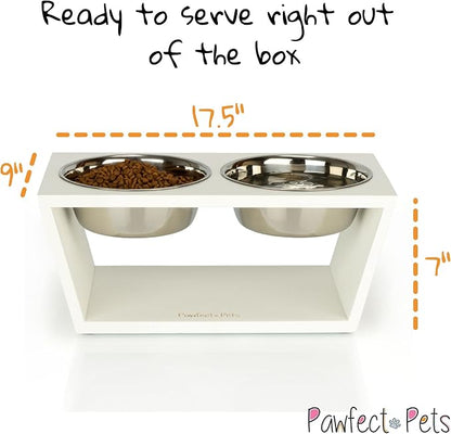 Elevated Dog Bowl Stand- 7" Raised Dog Bowl for Medium Dogs. Pet Feeder with Four Stainless Steel Bowls (White)