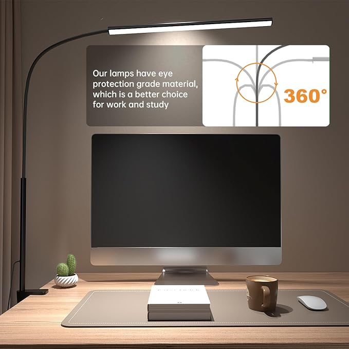 LED Desk Lamp with Clamp, Eye-Protection Clip on Desk Lamp, 5 Modes 10 Brightness Adjustment, 360°Flexible Gooseneck Lamp for Home Office, Lamps with USB Adapter，Black