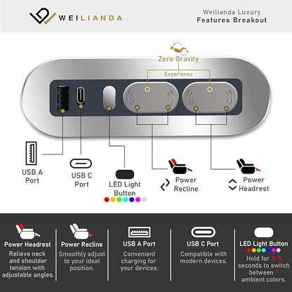 Weilianda Home Theater Seating Top Grain Leather Zero Gravity Recliner Chair Power Headrest Recline Movie Seat Gaming 7 Colors Mood Light Sofa with Tray Table USB Charge Row of 5 Loveseat Left Black