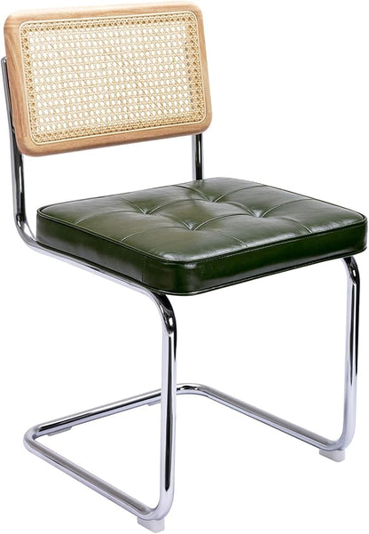Zesthouse Natural Rattan Dining Chairs Set of 2, Modern Dining Room Chairs with Solid Wood Back for Kitchen Living Room, Mid Century Breuer Design Inspired, Upholstered Faux Leather Green