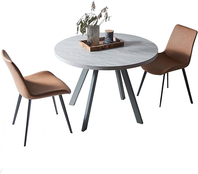 34.6'' Round Dining Table and Chairs for 2, Space Saving Modern Casual Coffee Table Set for Apartment Kitchen Dining Room (Grey Table+2 Brown Chairs)