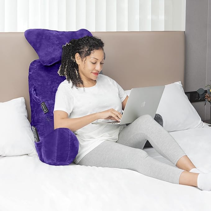 Reading Pillow-Extra Large 31" Bed Rest Pillow with Detachable Neck Roll & Arms for Sitting in Bed or Couch-Backrest Reading Pillow Adult Back Pillows for Reading/Watching TV/Gaming/Relaxing,Purple