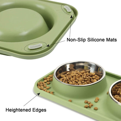 Cat Food Bowls, Cat Bowls Non-Skid and Non-Spill Silicone Pads with PP Stand, Removable Stainless Steel Food and Water Dishes for Cats, Small Size Dogs