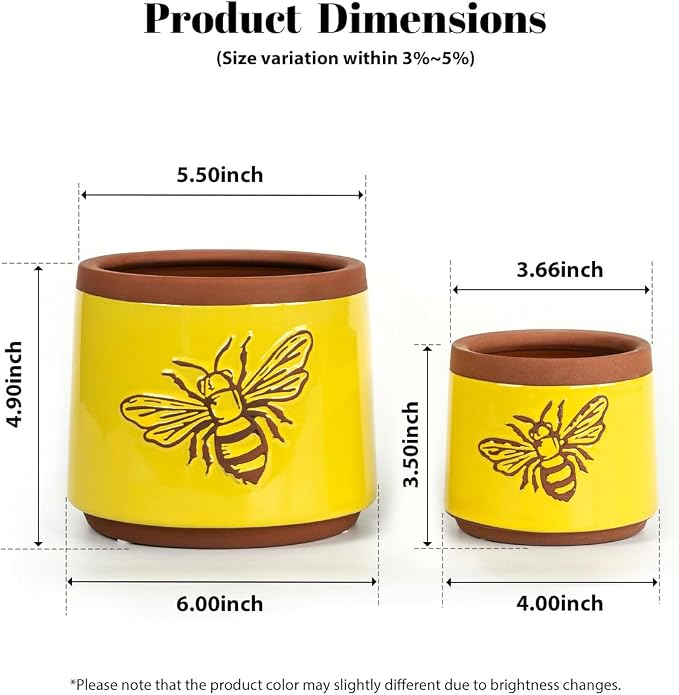 YBX Terracotta Pots Inch with Drainage Holes, Bee Decor, Ceramic Pots for Indoor Plants Flower Pots Outdoor, Succulent, Herbs, Snake Plants (Yellow, 6+4 Inch)