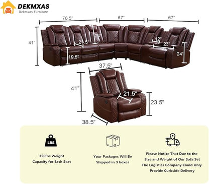 Dekmxas Power Sectional Reclining Sofa Set, Brown Breathing Leather Power Recliner Sofa Set with LED Light, Living Room Furniture with 3 Recliner Seats/Cup Holder/Storage Console for Living Room