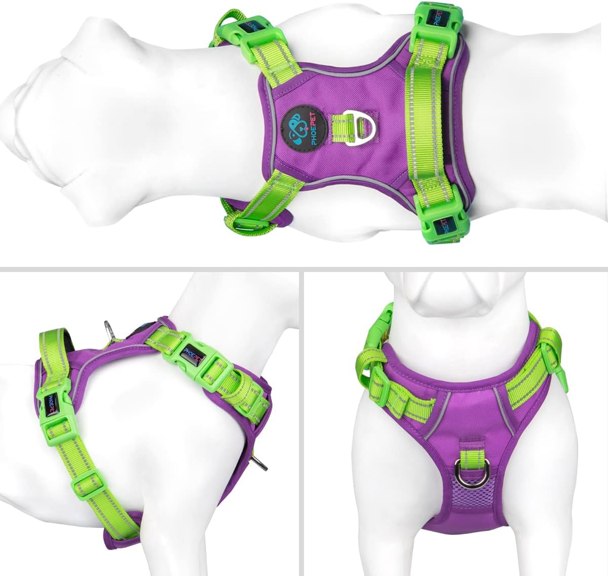 PHOEPET No Pull Dog Harness, Unique Colors Reflective Adjustable Dog Vest, with Soft Training Handle Metal Clips for Small Medium Large Dogs (Purple Base & Green Straps,XS)