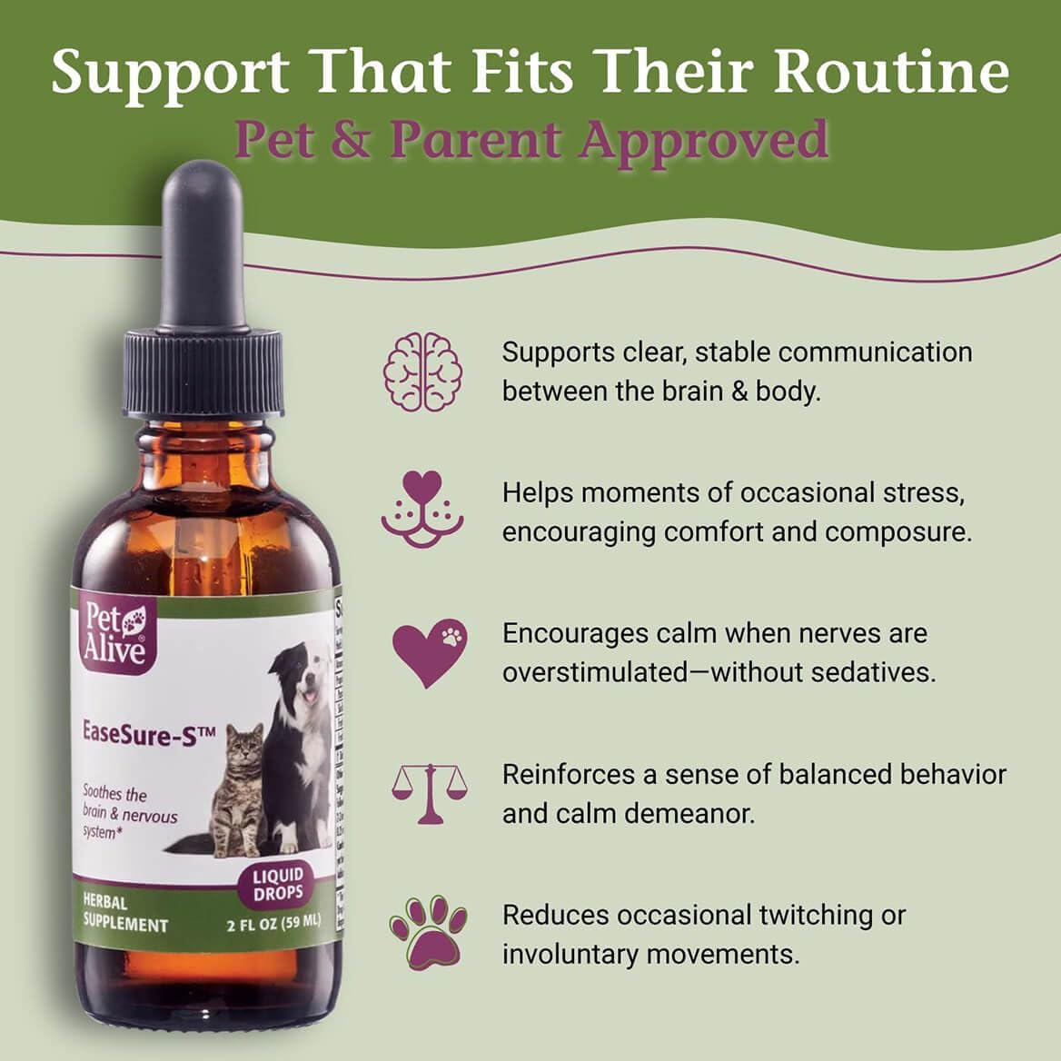 PetAlive EaseSure-S - Dog and Cat Calming Drops - Herbal Pet Supplement to Relax and Reduce Involuntary Muscle Movements, Twitching - Care for Cats and Dogs - 59 mL