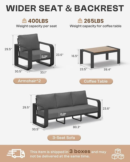 Aluminum Outdoor Patio Furniture Set, 4 Piece Oversized Patio Conversation Sets Widened Armrest & Ultra-Thick Cushions, Heavy Duty Modern Sectional Furniture for Backyard, Porch, Graphite