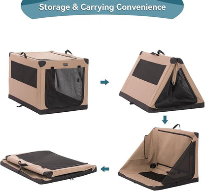 PETSFIT 36" Soft Portable Dog Crate – Patented Spiral Sturdy Frame, Collapsible Travel Kennel for Medium & Large Dogs, 3 Mesh Door, Lockable Zippers, Indoor & Car Use Khaki