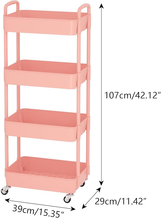 Sywhitta 4-Tier Plastic Rolling Utility Cart with Handle, Multi-Functional Storage Trolley for Office, Living Room, Kitchen, Movable Storage Organizer with Wheels, Pink