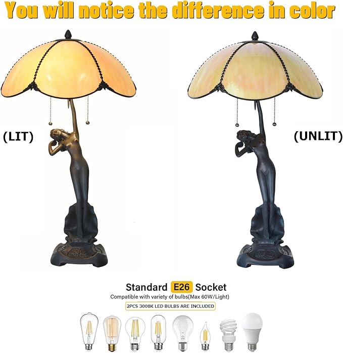 TL0033 Tiffany Style Table Lamp Stained Glass Umbrella Shade with Lady Sculpture Base W 15.75 X OH 27 Inches, Art Nouveau Lamp for Home Office, LED Bulbs Included