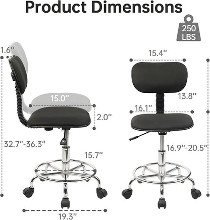Low Wide Rolling Swivel Stool with Backrest, Adjustable Height Salon Chair Stools with Footrest for Spa Tattoo Office Desk Massage Task Lash Barber Facial, Black 4PK