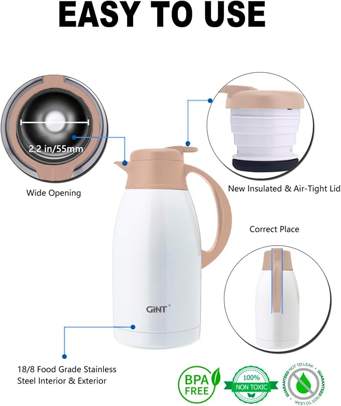 GiNT Stainless Steel Thermal Coffee Carafe, Double Walled Vacuum Thermal Carafe