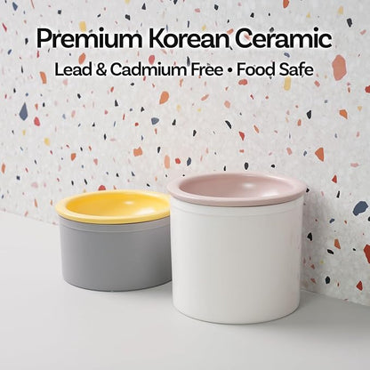 Hello Bowl Elevated Ceramic Cat Bowl with Stand, Raised Whisker-Friendly Feeding Bowl for Cats & Small Dogs, Patented Design, Made in Korea (Yellow, Round Only/Wet)