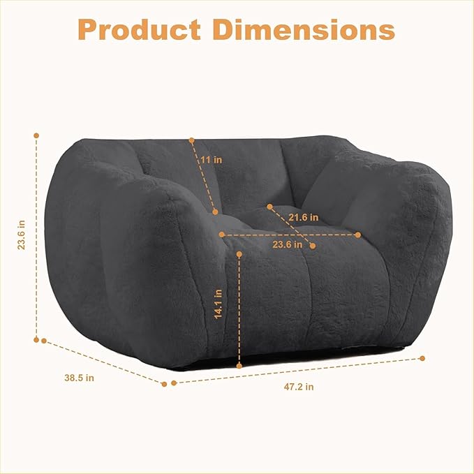 Giant Bean Bag Chair, Bean Bag Chairs for Adults Kids, Oversized Plush Bean Bag Couch with Armrest, Large Chair with Filler, Stuffed Accent Chair Lounge Floor Sofa for Gaming, Reading, Grey