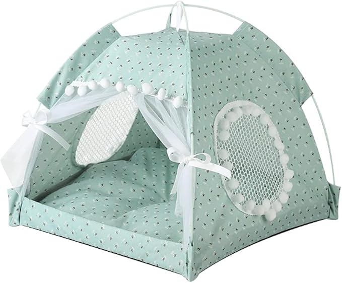 Cat Bed Tents Dog House Indoor Outdoor Lace Mesh Breathable Windows Door Curtains Removable Portable Nest Teepe House (Large,Mint&White)