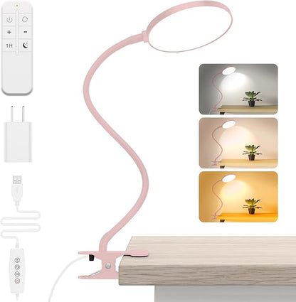 Reading Light with Remote, LED Desk Lamp Clip on [1H Timer & Nightlight] RA>95 Dimmable Flexible Gooseneck, Reading Lamp with Clamp for Table - 4.7'' (Adapter Included)