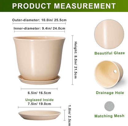 Ceramic Planter - 10 Inch Plant Pot for Indoor Outdoor, Round Flower Pots with Drainage Hole and Saucer, Large Plant Pot, Modern Planters, Home Office Room Decor, Gardening Gifts, Beige