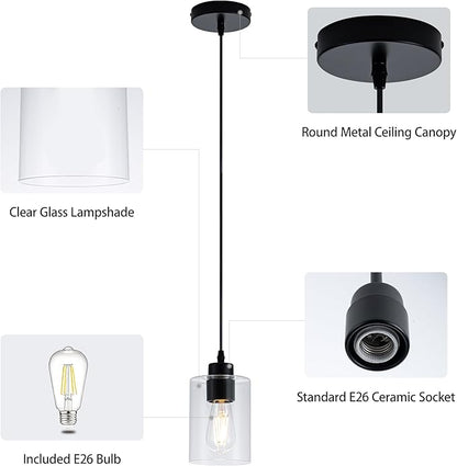 MAYNA 2 Pack Black Pendant Lights Kitchen Island, Mini Pendant Light Fixture with Clear Glass Shade, Adjustable Cord Industrial Farmhouse Hanging Ceiling Lamp for Dining Room, Sink, Bar(Bulb Included)