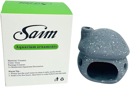 Saim Aquarium Decorations Mushroom House Ceramic Cave, Betta Fish Hideout Breeding Mushroom Cave Fish Tank Ornaments for Amano Shrimp Cichlid Bonsai to Play, Hide and Rest - Grey