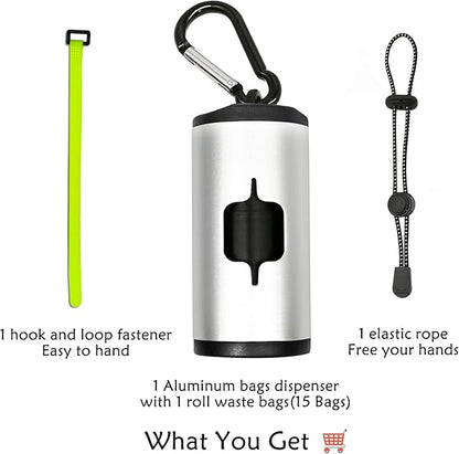 Metal Dog Poop Bag Holder Aluminum Dispenser for Leashes, Hiking & Travel, Lightweight Scratch-Resistant with 3 Attachments and 195 Bags (Silver, 2 Holder 30 Bags)