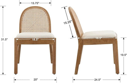 DUOMAY Mid-Century Modern Rattan Dining Chairs Set of 8, Wooden Dining Room Chair with Cane Backrest and Padded Seat, Sherpa Upholstered Dining Chair, Natural Finish, White