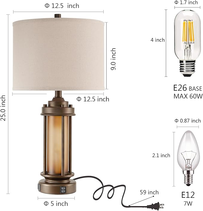 Set of 2 Farmhouse Table Lamps for Living Room, Rustic Vintage Bedside Lamps with 2 USB Ports, Bedroom Nightstand Lamp with Amber Glass Nightlight for End Table Entryway, 4 Bulbs Includes