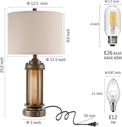 Set of 2 Farmhouse Table Lamps for Living Room, Rustic Vintage Bedside Lamps with 2 USB Ports, Bedroom Nightstand Lamp with Amber Glass Nightlight for End Table Entryway, 4 Bulbs Includes