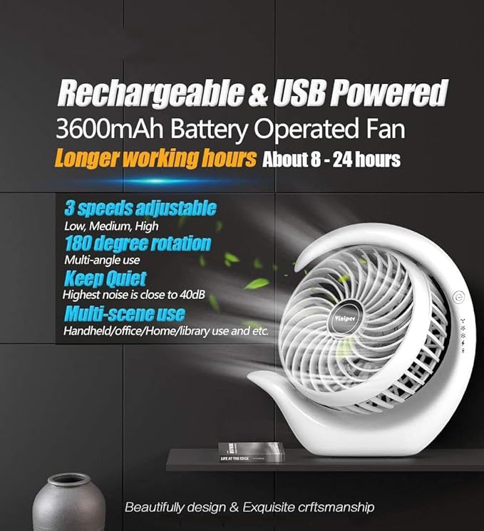 Viniper Portable Rechargeable Fan, Small Desk Fan : 3 Speeds & about 8-24 Hours