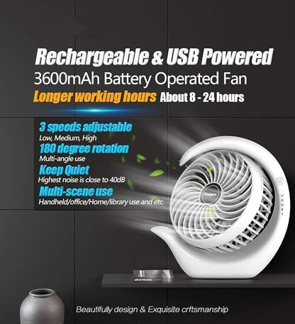 Viniper Portable Rechargeable Fan, Small Desk Fan : 3 Speeds & about 8-24 Hours