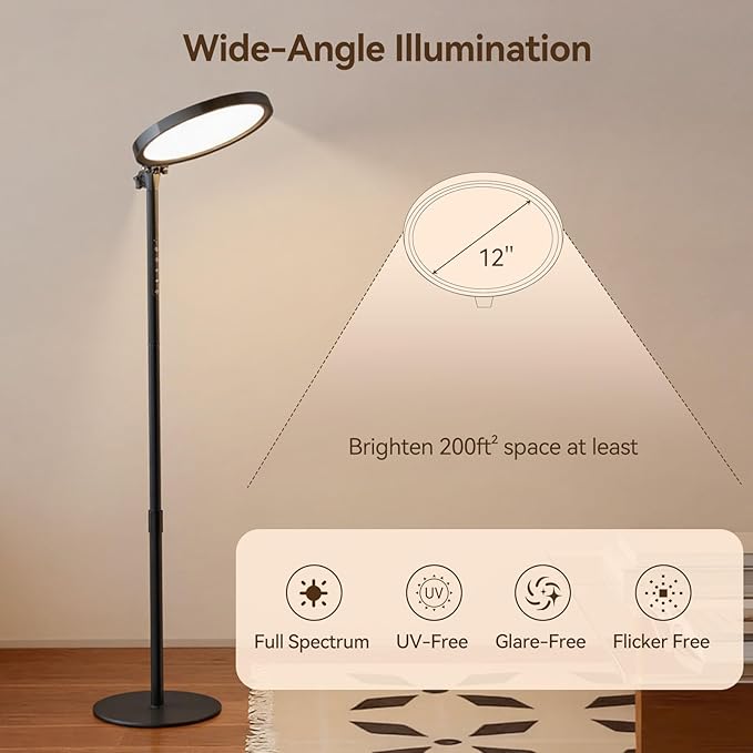 Light Therapy Lamp,12000 Lux UV-Free Sun Lamp Full Spectrum Sunlight Lamp with 12" Panel/71 High/4 Color Temperature/5 Brightness/Remote Control, 2 in 1 Retractable Floor Light Therapy Lamp