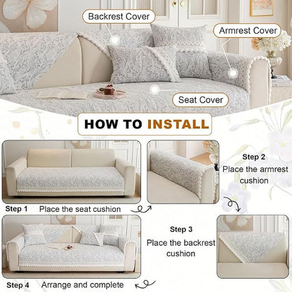 HANDONTIME Floral Chenille Couch Cover for Pets – Plush Fringed Edges, Washable & Non-Slip Sofa Protector, Pet-Friendly Dog Bed Cover for Couches and Sectionals (Light Grey,35.4" x 82.7")